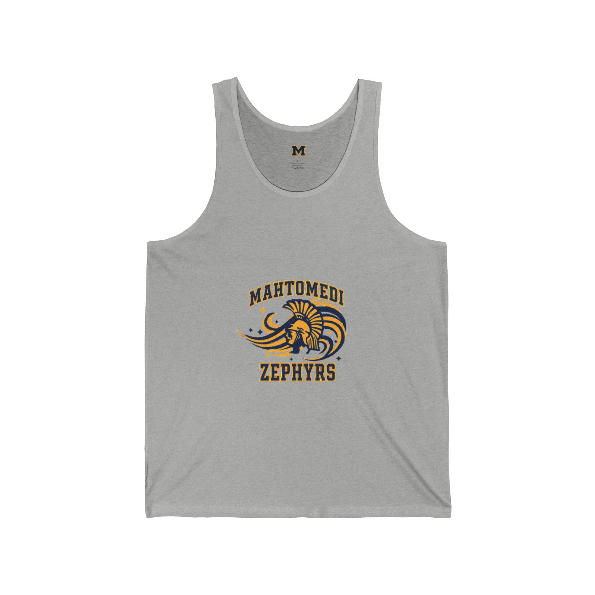 Mahtomedi Zephyrs tank top featuring a vintage Trojan logo on a gray athletic tank.