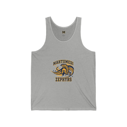 Mahtomedi Zephyrs tank top featuring a vintage Trojan logo on a gray athletic tank.