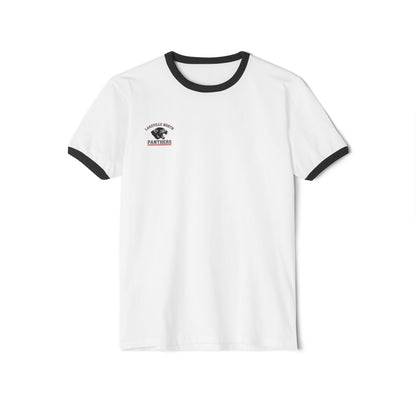 Lakeville North Panthers ringer tee featuring a white body with black collar and sleeves, emblem on chest.