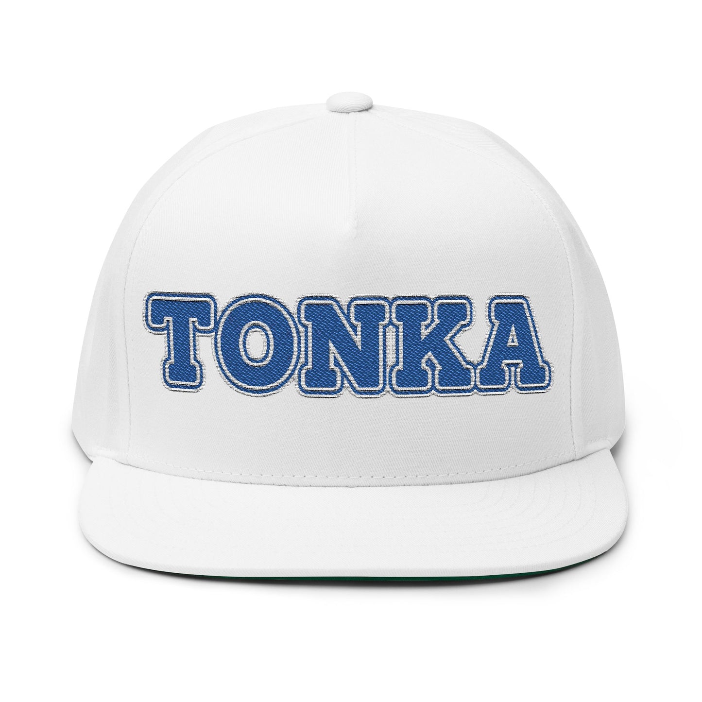Minnetonka flat bill cap with an embroidered 'TONKA' in blue on a white background.