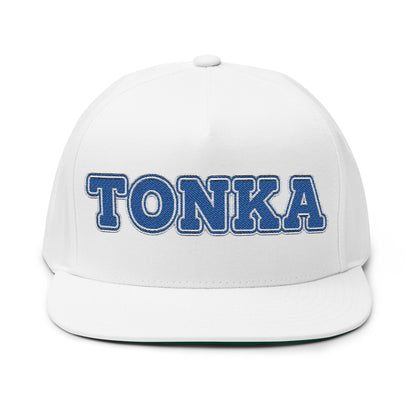 Minnetonka flat bill cap with an embroidered 'TONKA' in blue on a white background.