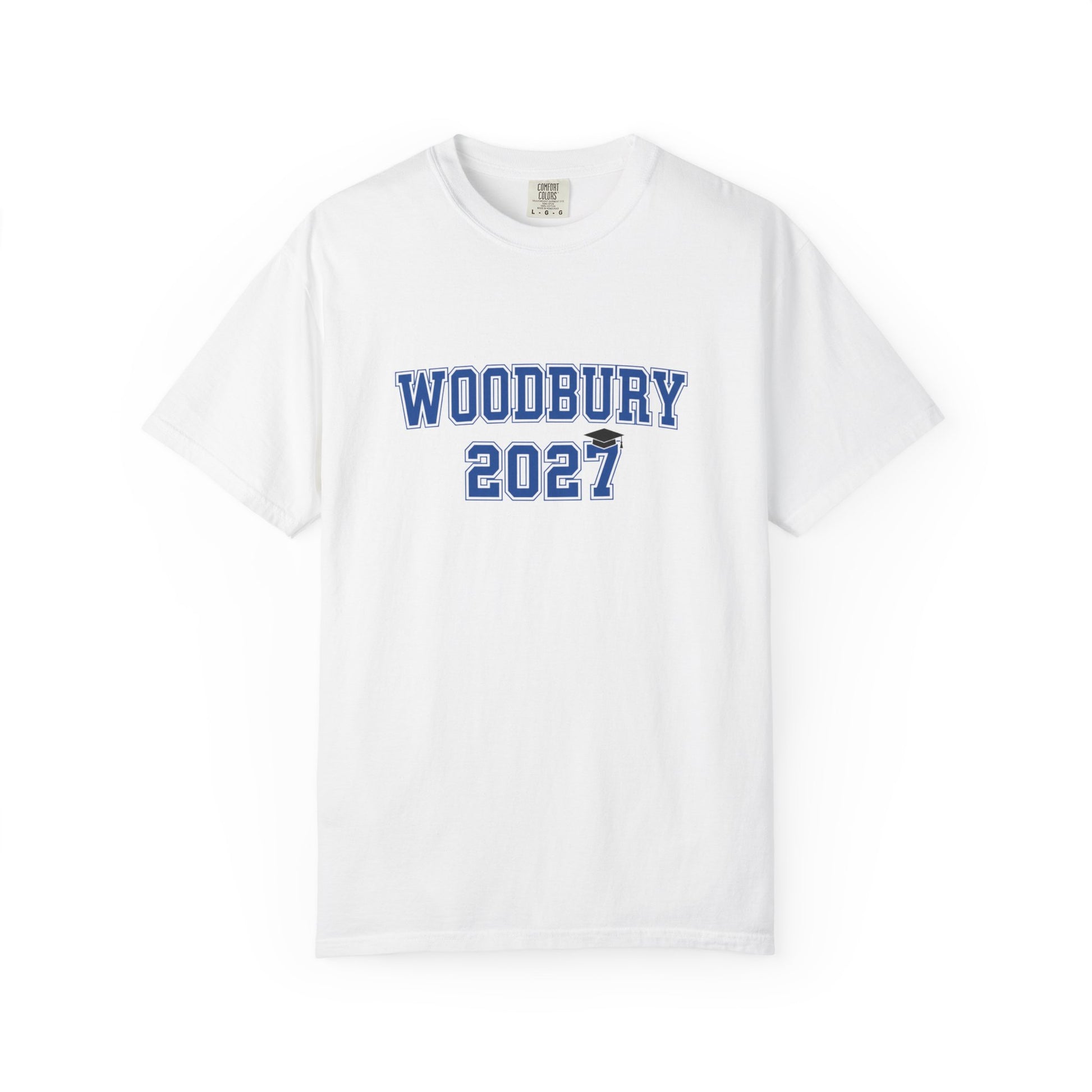 Woodbury Royals Class of 2027 T-Shirt in white showcasing collegiate-style design and soft, vintage-inspired texture.