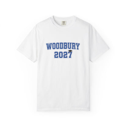 Woodbury Royals Class of 2027 T-Shirt in white showcasing collegiate-style design and soft, vintage-inspired texture.