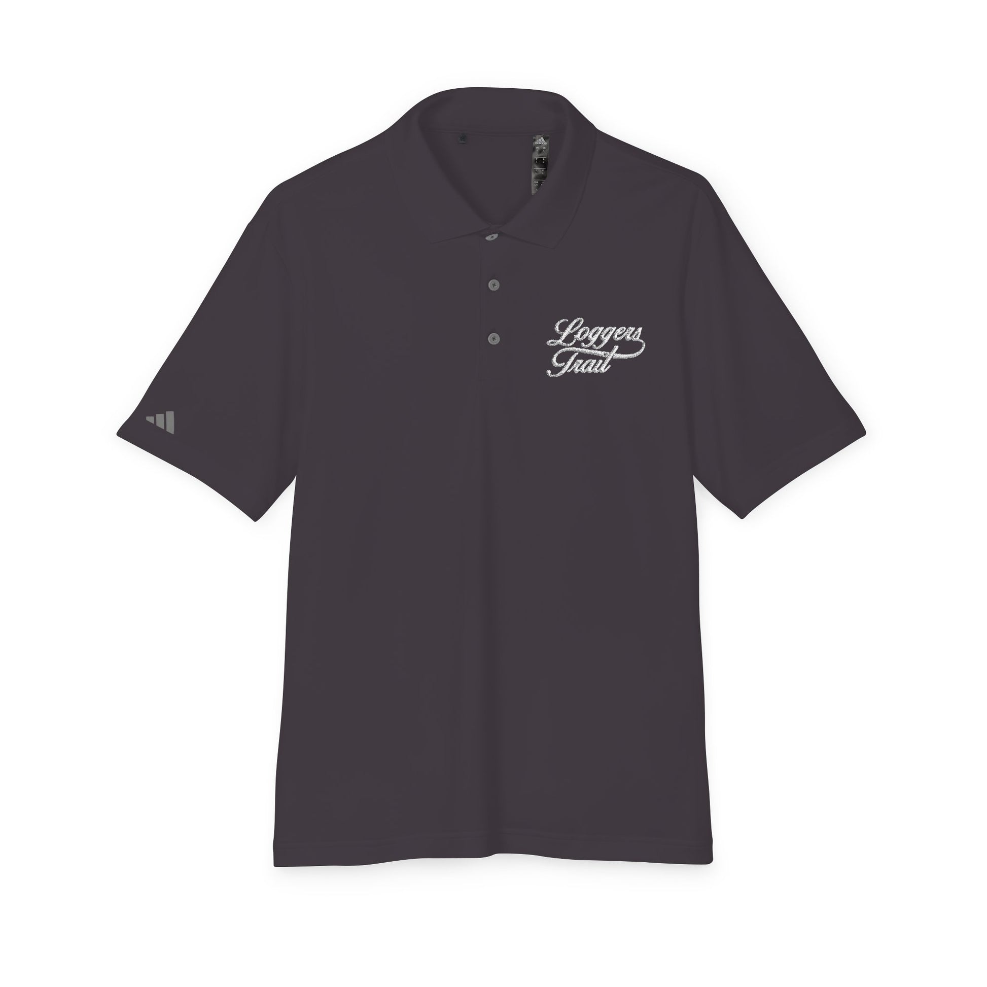 Performance polo shirt with UPF protection in black featuring embroidered Loggers Trail logo.