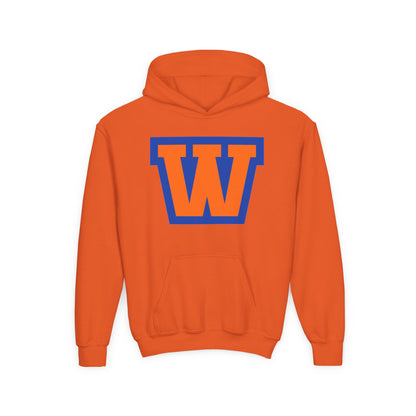 Youth Hoodie - Minneapolis Washburn Millers Orange & Blue 'W' School Logo with Mascot Back