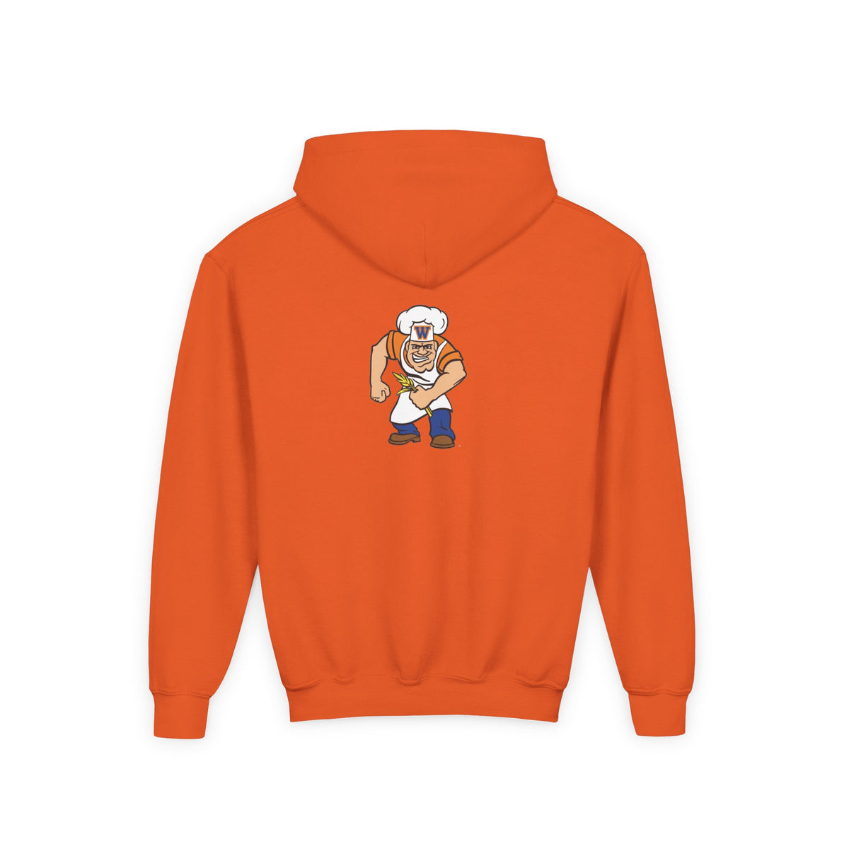 Youth Hoodie - Minneapolis Washburn Millers Orange & Blue 'W' School Logo with Mascot Back