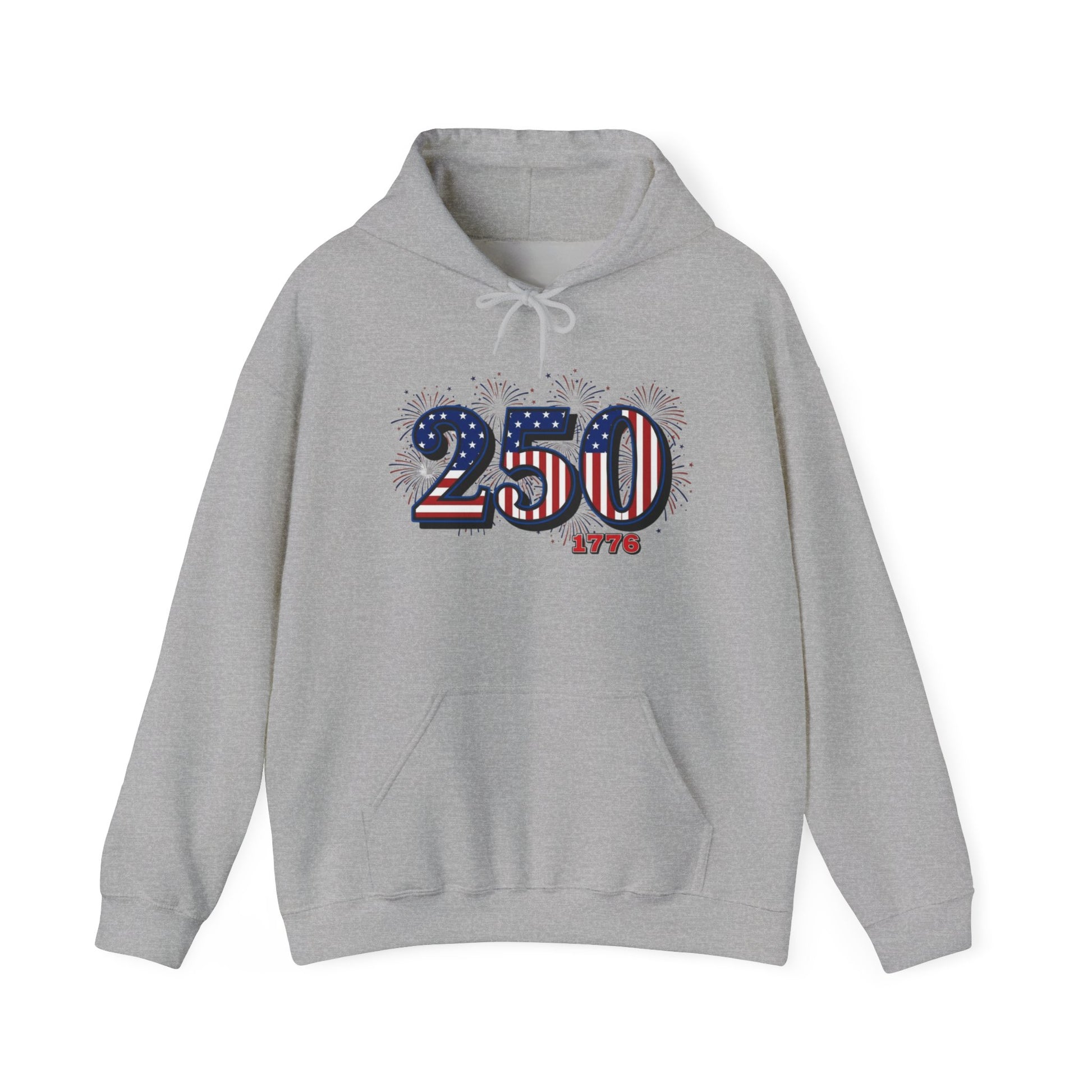 America 250th Anniversary Hoodie featuring fireworks design and patriotic colors on a grey background.