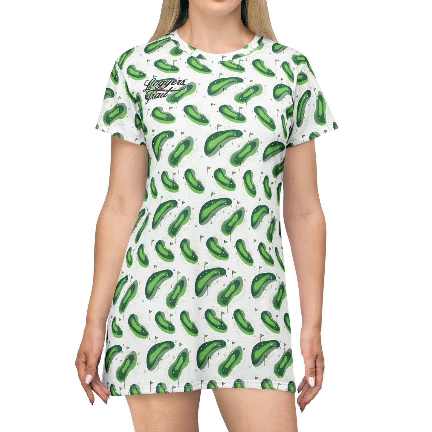 Logger's Trail Golf T-Shirt Dress — Green Golf Mix featuring playful all-over golf motif design.