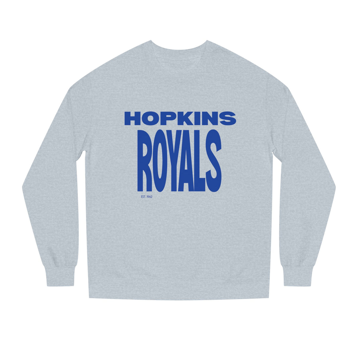Hopkins Royals Crewneck Sweatshirt — Blue Bubble Letter School Spirit