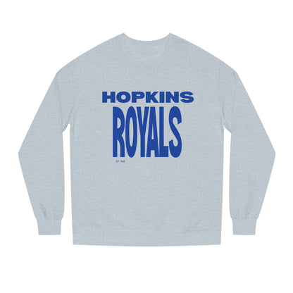 Hopkins Royals Crewneck Sweatshirt — Blue Bubble Letter School Spirit