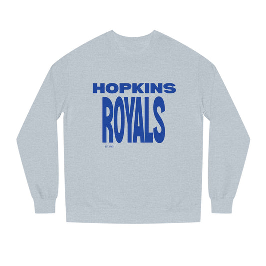 Hopkins Royals Crewneck Sweatshirt — Blue Bubble Letter School Spirit