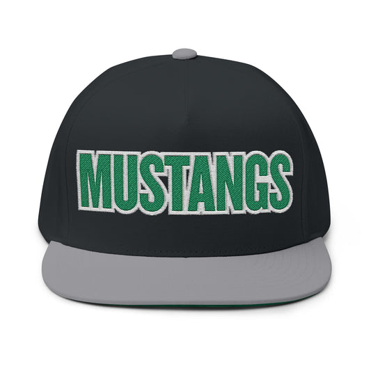 Mounds View Mustangs Embroidered White Text Flat Bill Cap — School Spirit Snapback