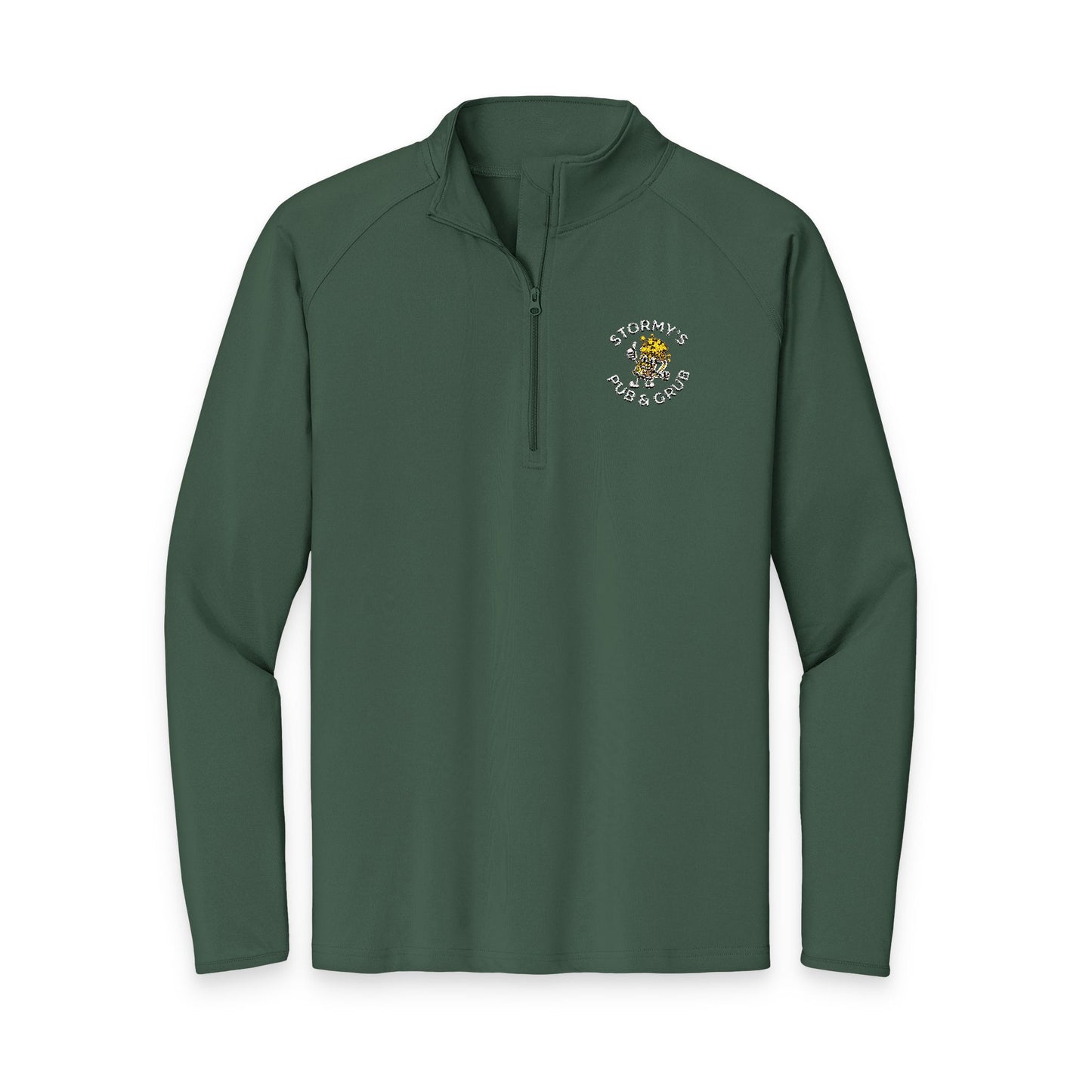 Stormy's Pub and Grub pullover in dark green with quarter-zip design and logo on chest.
