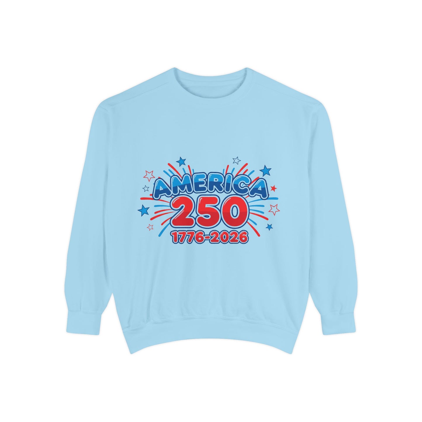 250th anniversary sweatshirt featuring bold "America 250" graphic and 1776-2026 dates on a blue crewneck.