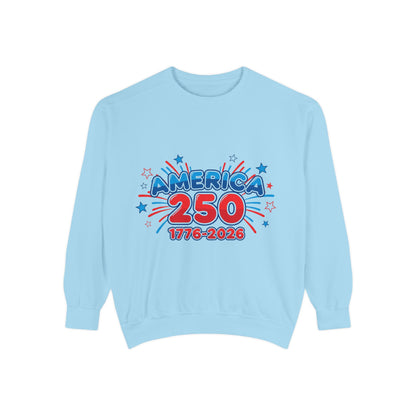 250th anniversary sweatshirt featuring bold "America 250" graphic and 1776-2026 dates on a blue crewneck.