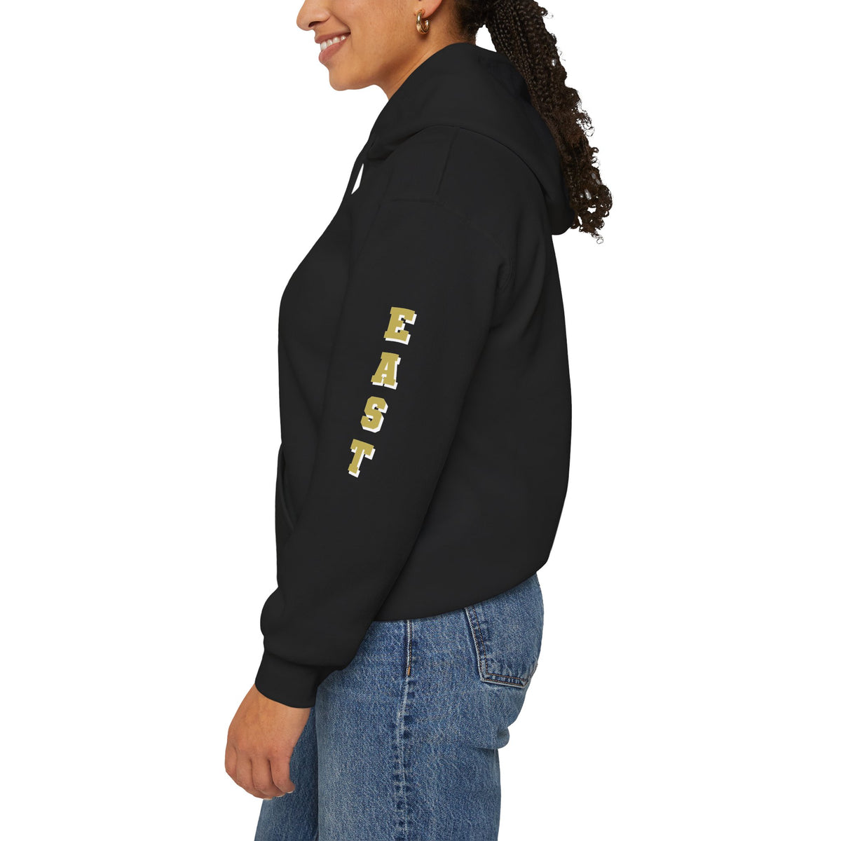 East Ridge Raptors Gold Logo Hoodie — Black Pullover with 'Raptors' Sleeve Print