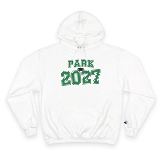 unisex class of 2027 hoodie featuring PARK 2027 graphic on a white Champion hoodie for comfortable style.