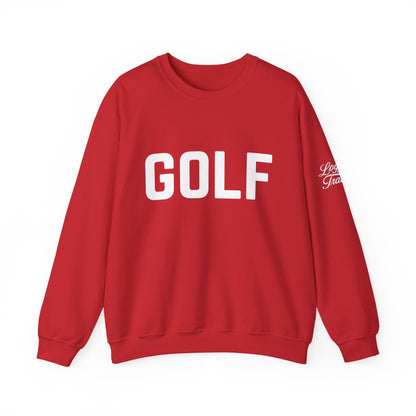 Embroidered golf crewneck sweatshirt in red featuring bold white 'GOLF' logo and script detail on sleeve.