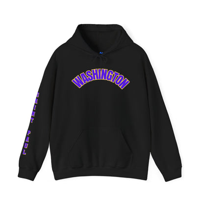 Saint Paul Washington Arch Logo Hoodie — Purple & Gold Sleeve Text, Retro College Streetwear