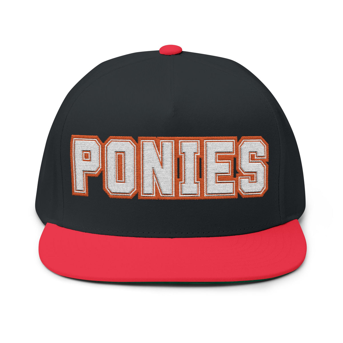 Stillwater Ponies Embroidered White Text Flat Bill Cap — School Spirit Snapback