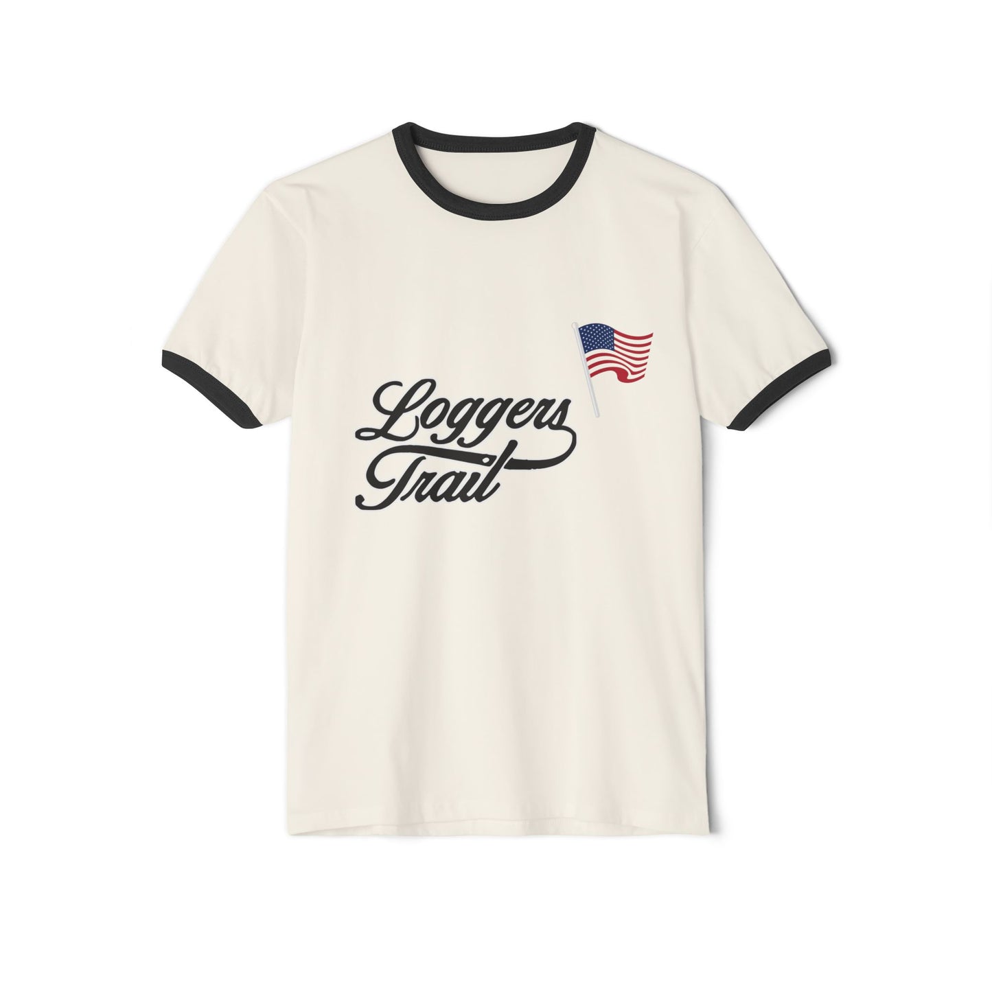 Logger's Trail vintage-inspired golf ringer tee with flag design on soft heather fabric.