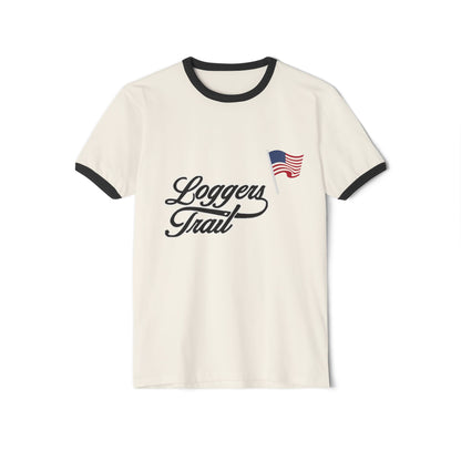 Logger's Trail vintage-inspired golf ringer tee with flag design on soft heather fabric.