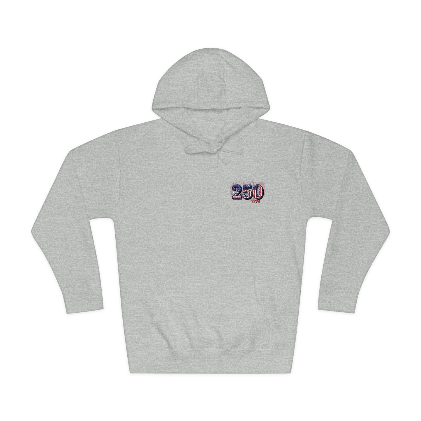 250th anniversary hoodie featuring small right-chest logo on a gray sweatshirt