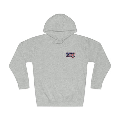 250th anniversary hoodie featuring small right-chest logo on a gray sweatshirt