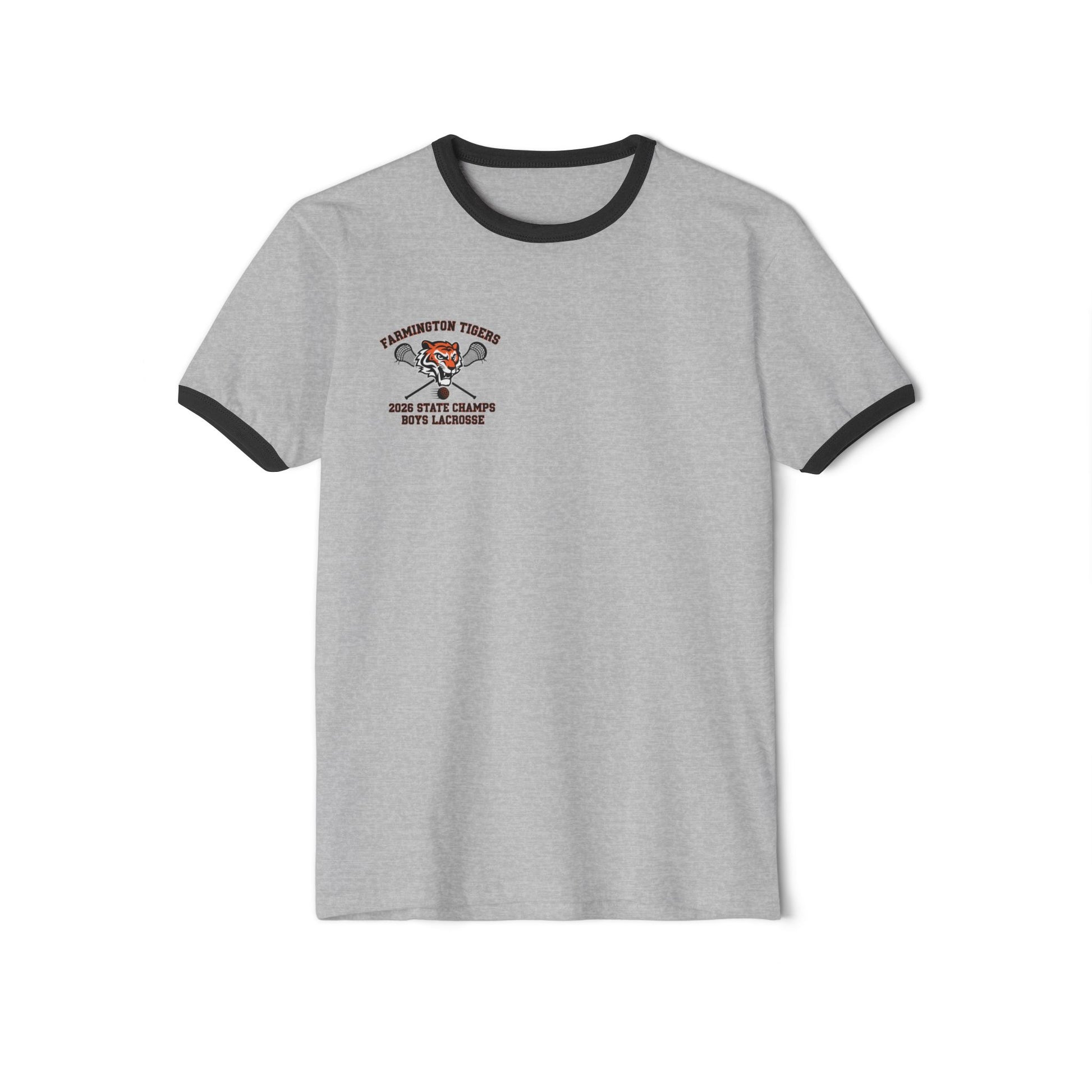 Farmington Tigers 2026 Boys Lacrosse State Champs - Ringer Tee in gray with black trim.