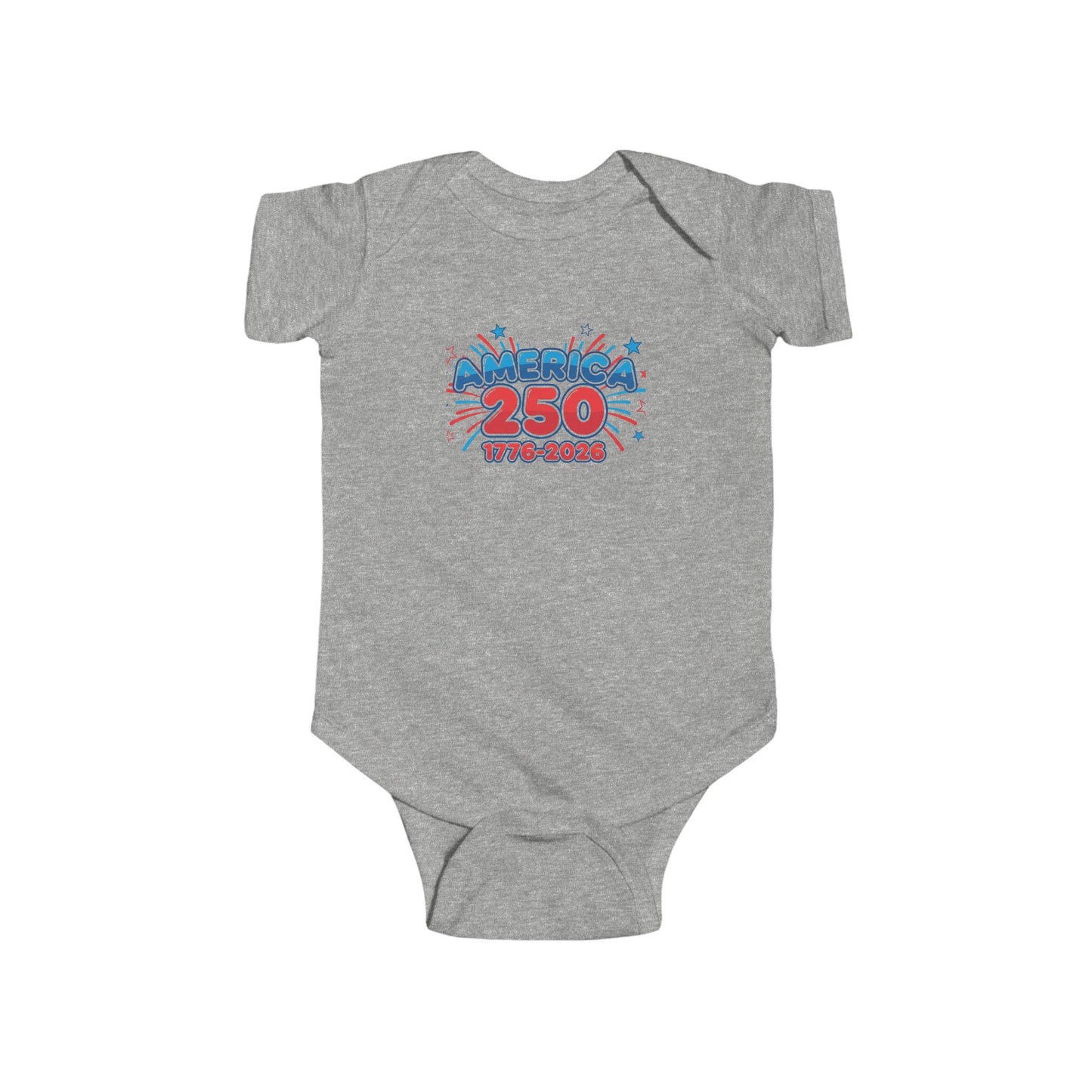 America 250th Anniversary Onesie showcasing colorful design celebrating 250 years of America from 1776 to 2026.