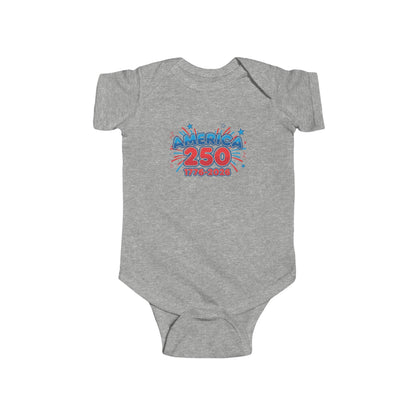 America 250th Anniversary Onesie showcasing colorful design celebrating 250 years of America from 1776 to 2026.