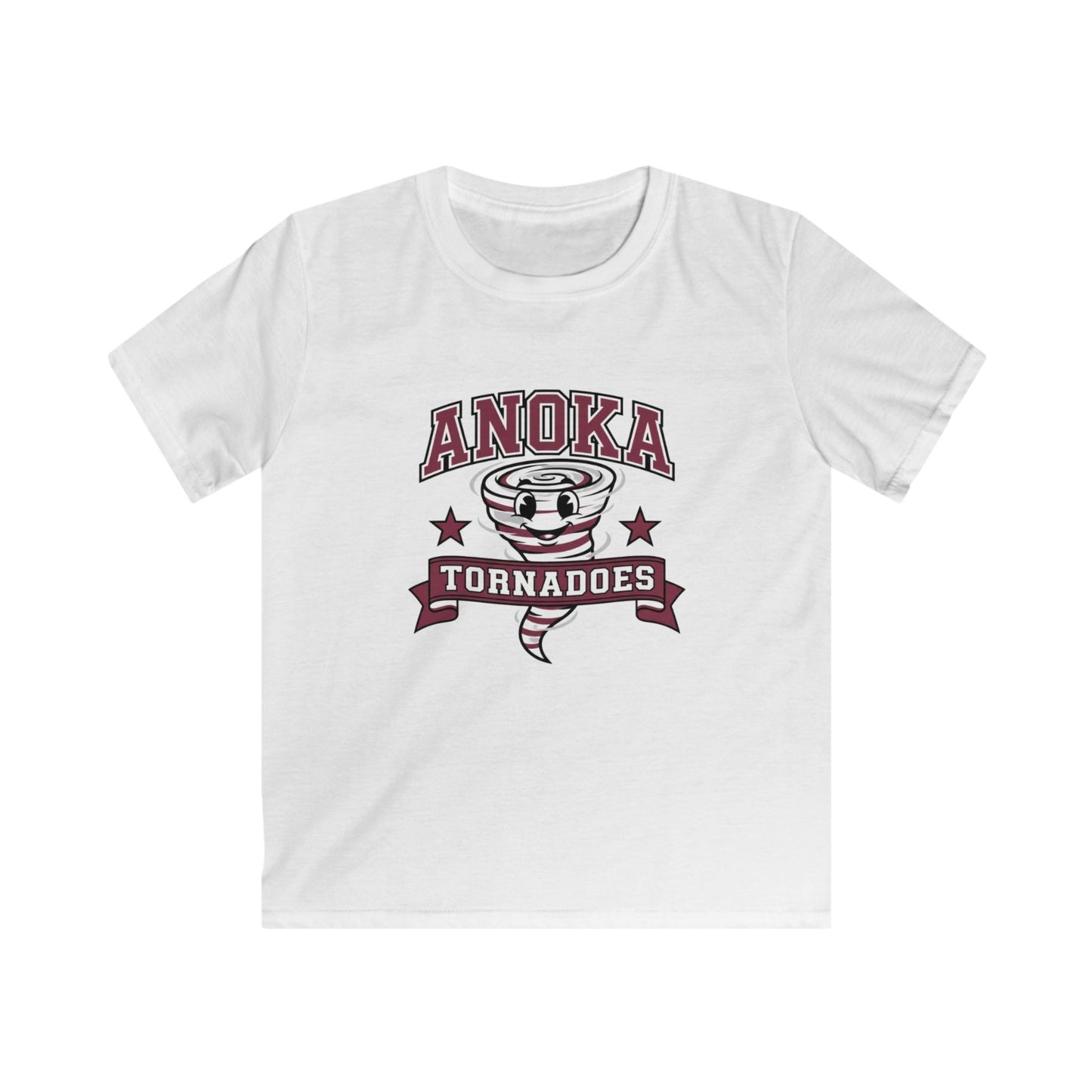 Anoka Tornadoes kids t-shirt in white featuring a playful tornado graphic and bold lettering, perfect for little adventurers!