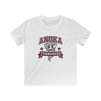 Anoka Tornadoes kids t-shirt in white featuring a playful tornado graphic and bold lettering, perfect for little adventurers!