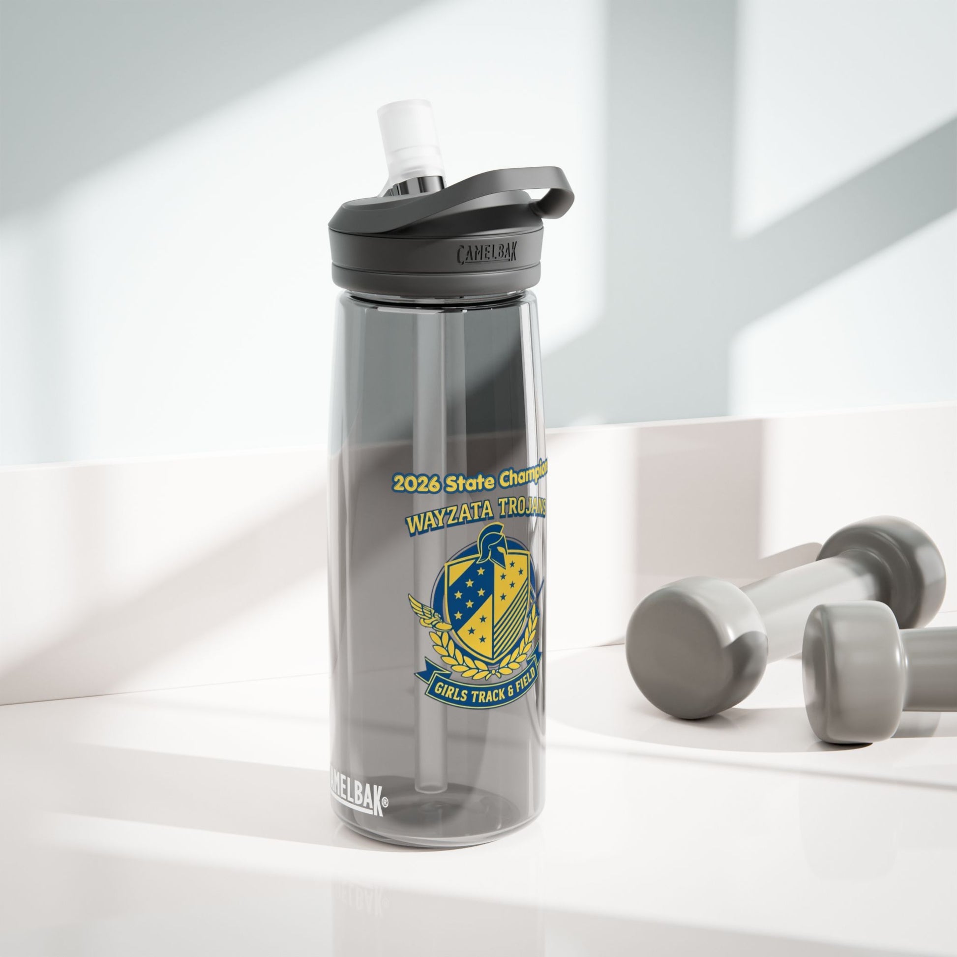 Wayzata Trojans Track Field 2026 CamelBak Eddy water bottle design featuring state champions logo.