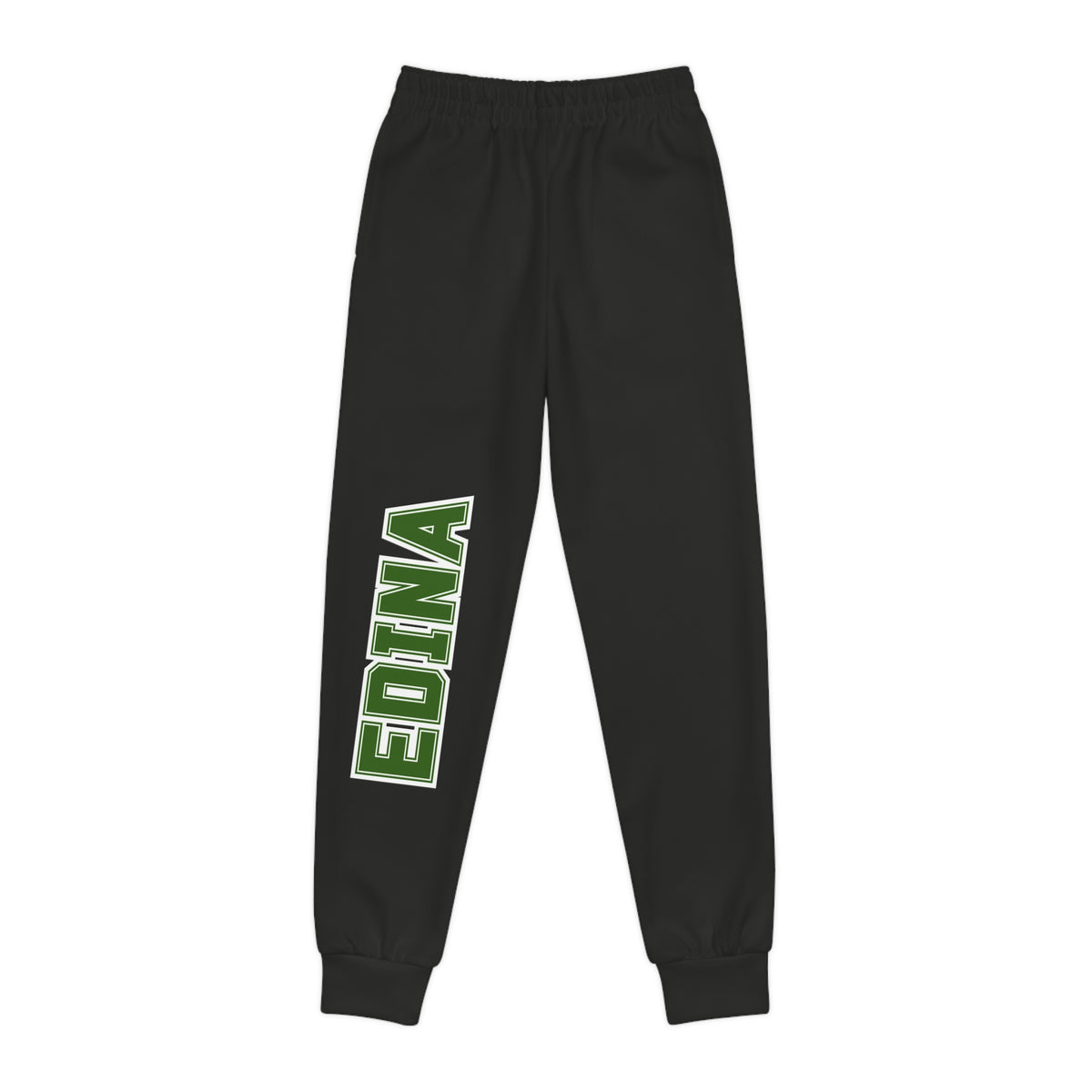 Edina Youth Joggers – Black Athletic Sweatpants with Green Block Text