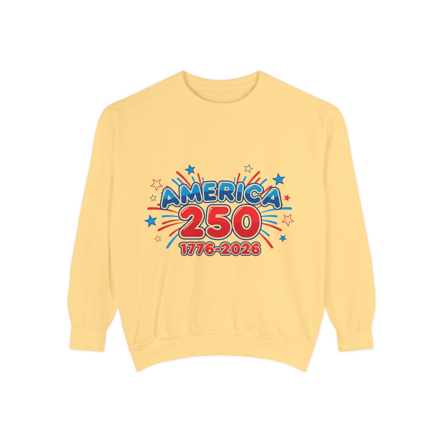 250th anniversary sweatshirt featuring vibrant graphic celebrating America's 250 years, 1776-2026.