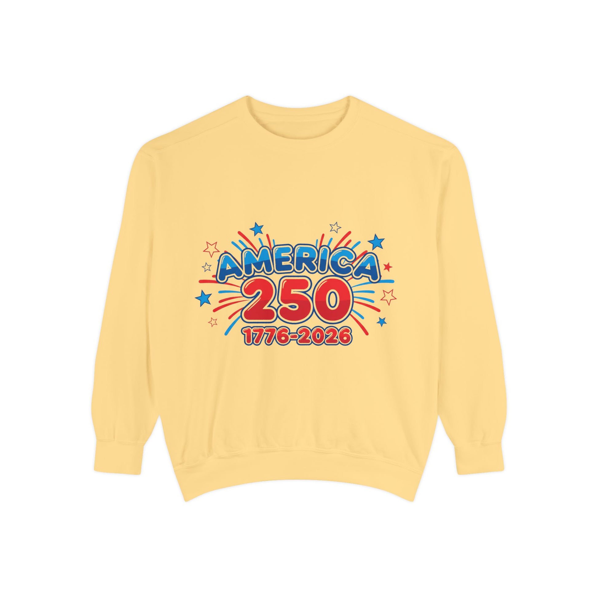 250th anniversary sweatshirt featuring vibrant graphic celebrating America's 250 years, 1776-2026.
