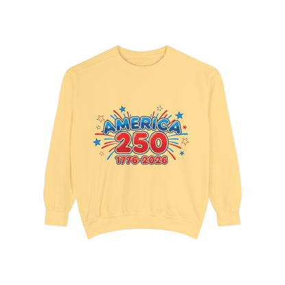 250th anniversary sweatshirt featuring vibrant graphic celebrating America's 250 years, 1776-2026.