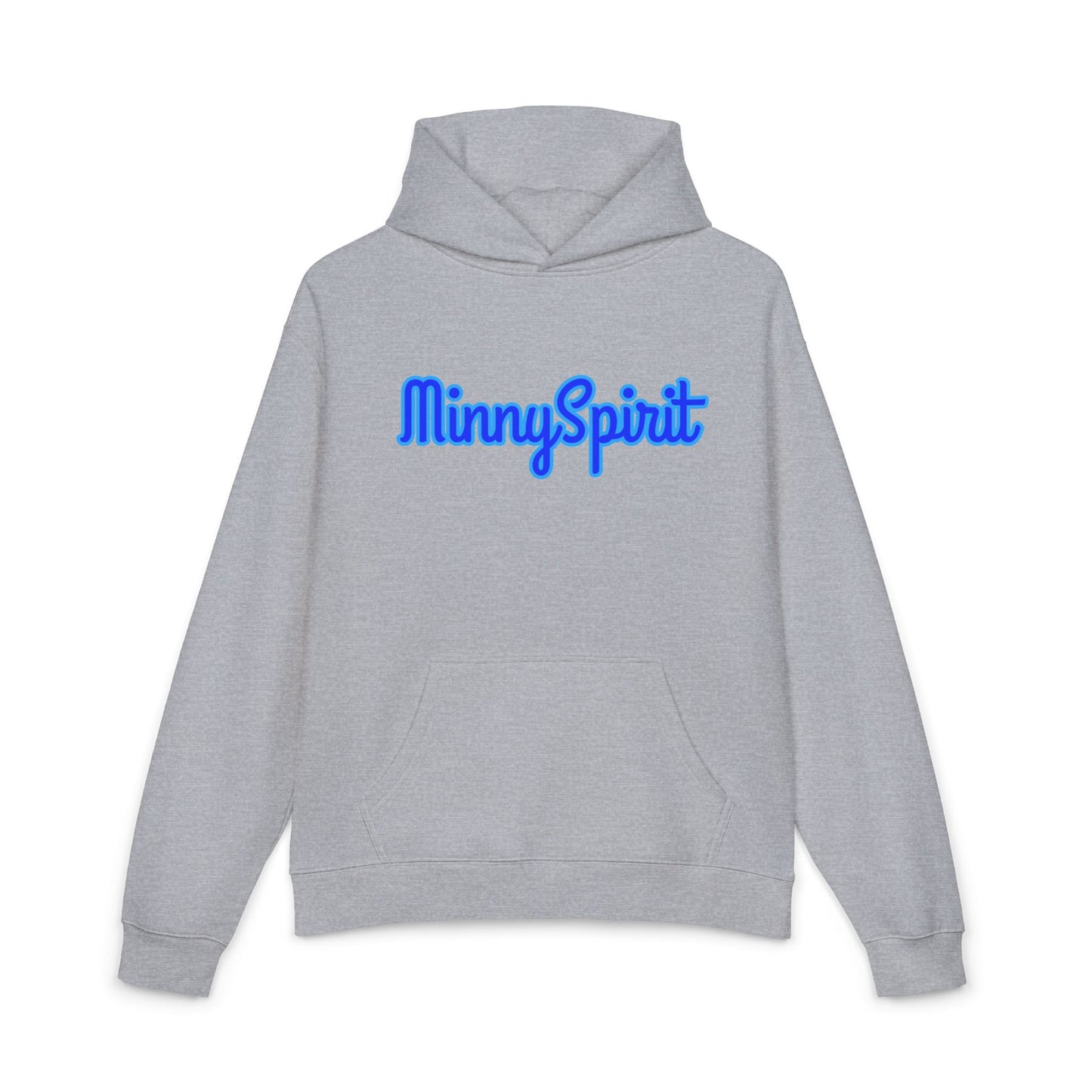 MinnySpirit Relaxed Hoodie — Cozy Grey Pullover with Blue Script Logo
