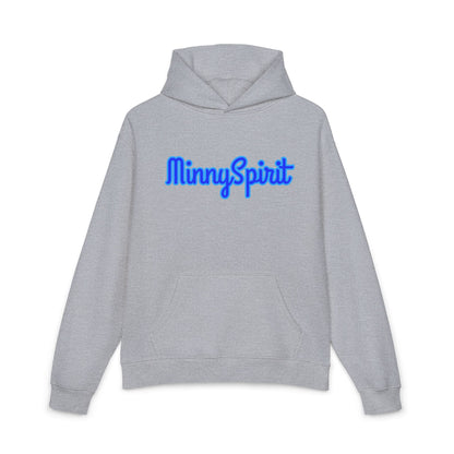 MinnySpirit Relaxed Hoodie — Cozy Grey Pullover with Blue Script Logo