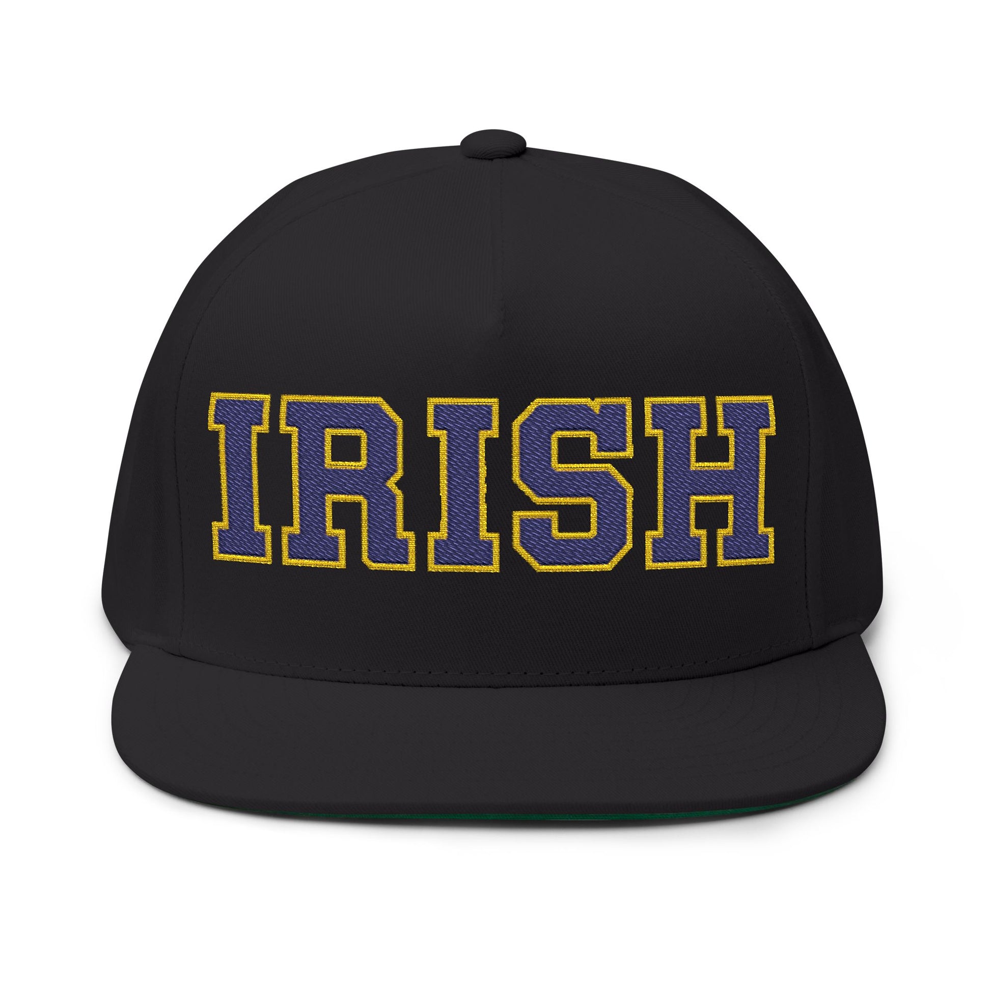 Rosemount Irish embroidered flat bill cap featuring bold 'IRISH' lettering on a black background.