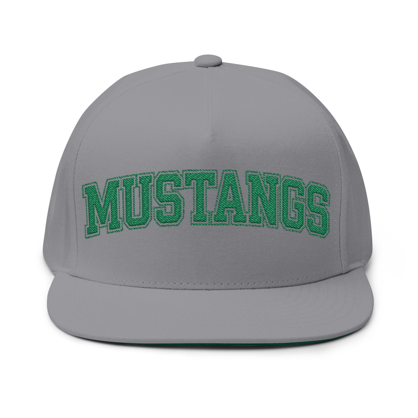 Mounds View Mustangs Embroidered Green Text Flat Bill Cap — School Spirit Snapback
