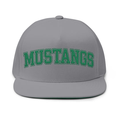 Mounds View Mustangs Embroidered Green Text Flat Bill Cap — School Spirit Snapback
