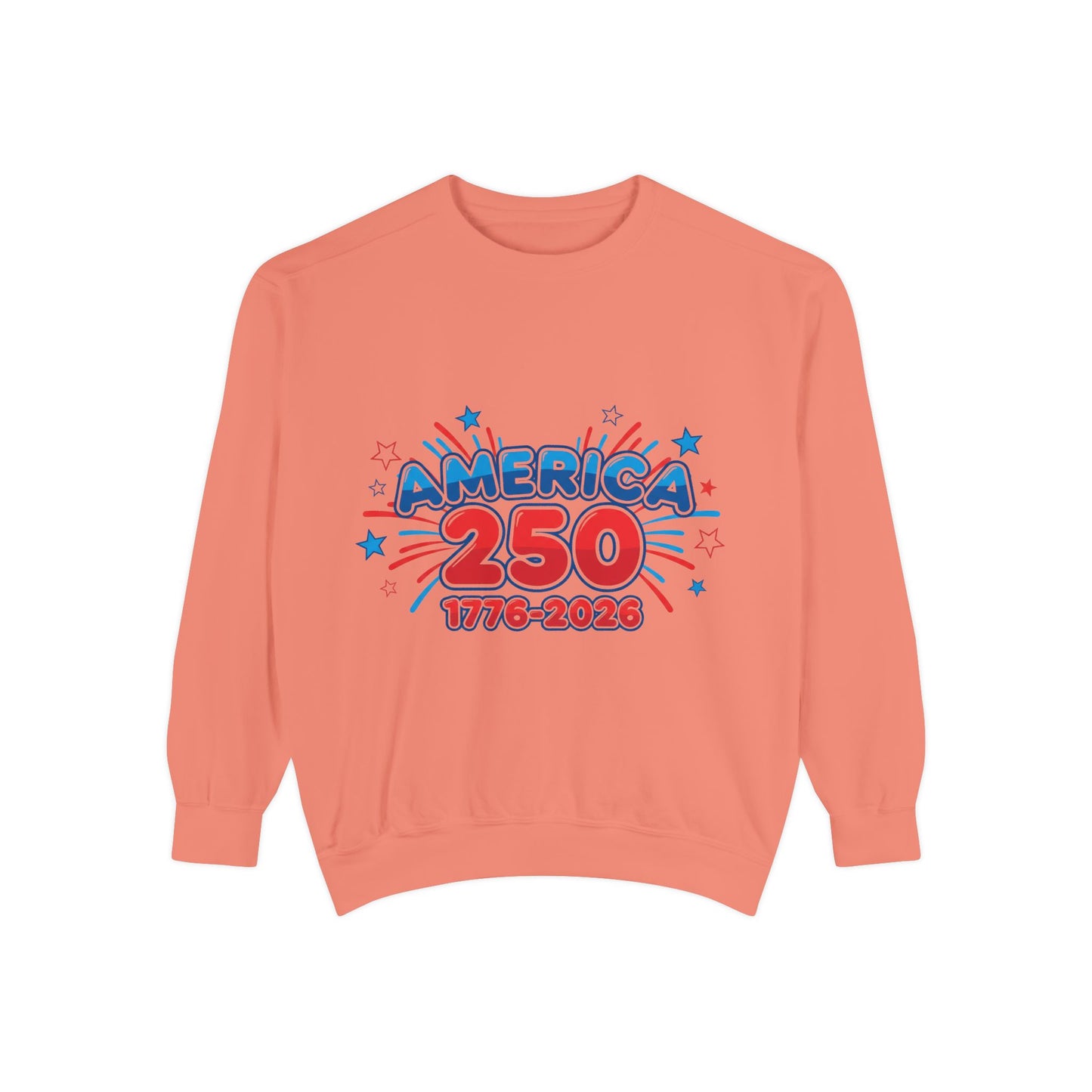250th anniversary sweatshirt in coral featuring America 250 design, celebrating 1776–2026.