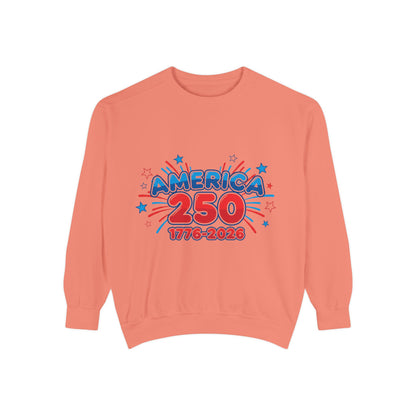 250th anniversary sweatshirt in coral featuring America 250 design, celebrating 1776–2026.