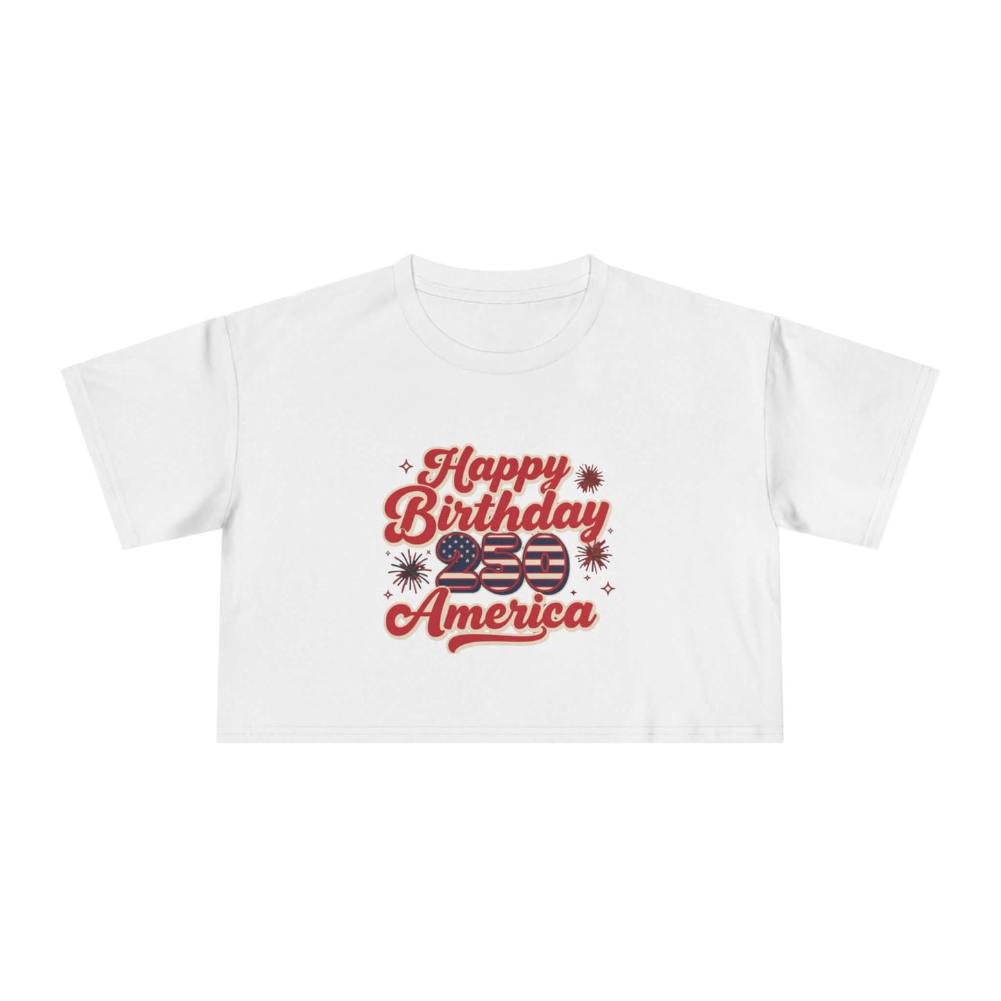 Patriotic women's crop tee featuring a vintage-inspired design that says 'Happy Birthday America' with stars and stripes.
