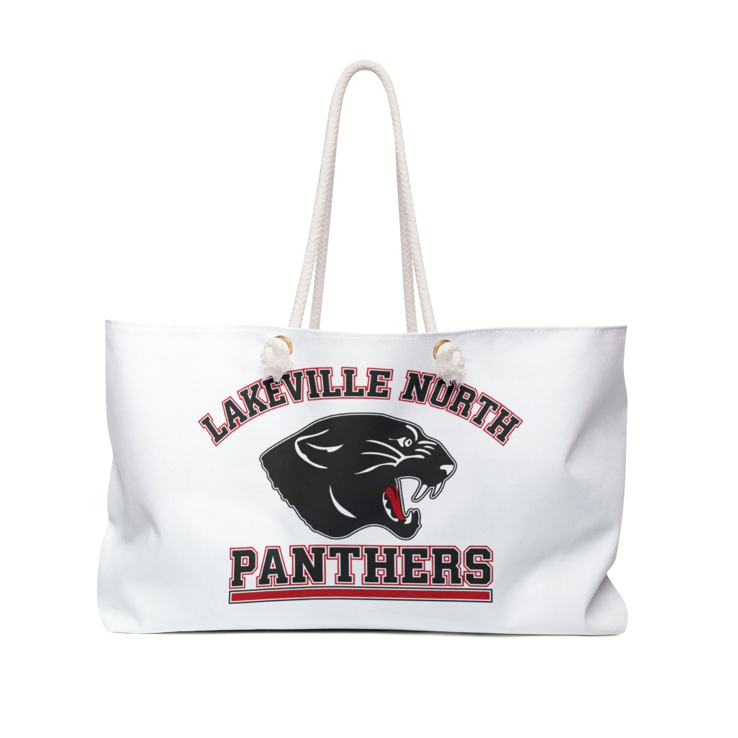 Lakeville North Panthers oversized canvas travel tote with cream rope handles and printed crest.