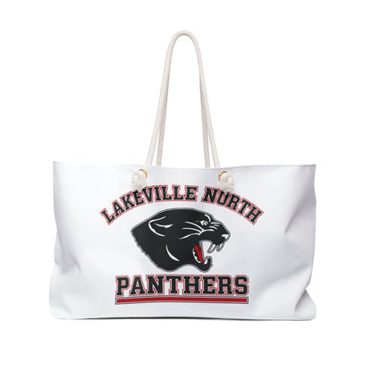Lakeville North Panthers oversized canvas travel tote with cream rope handles and printed crest.