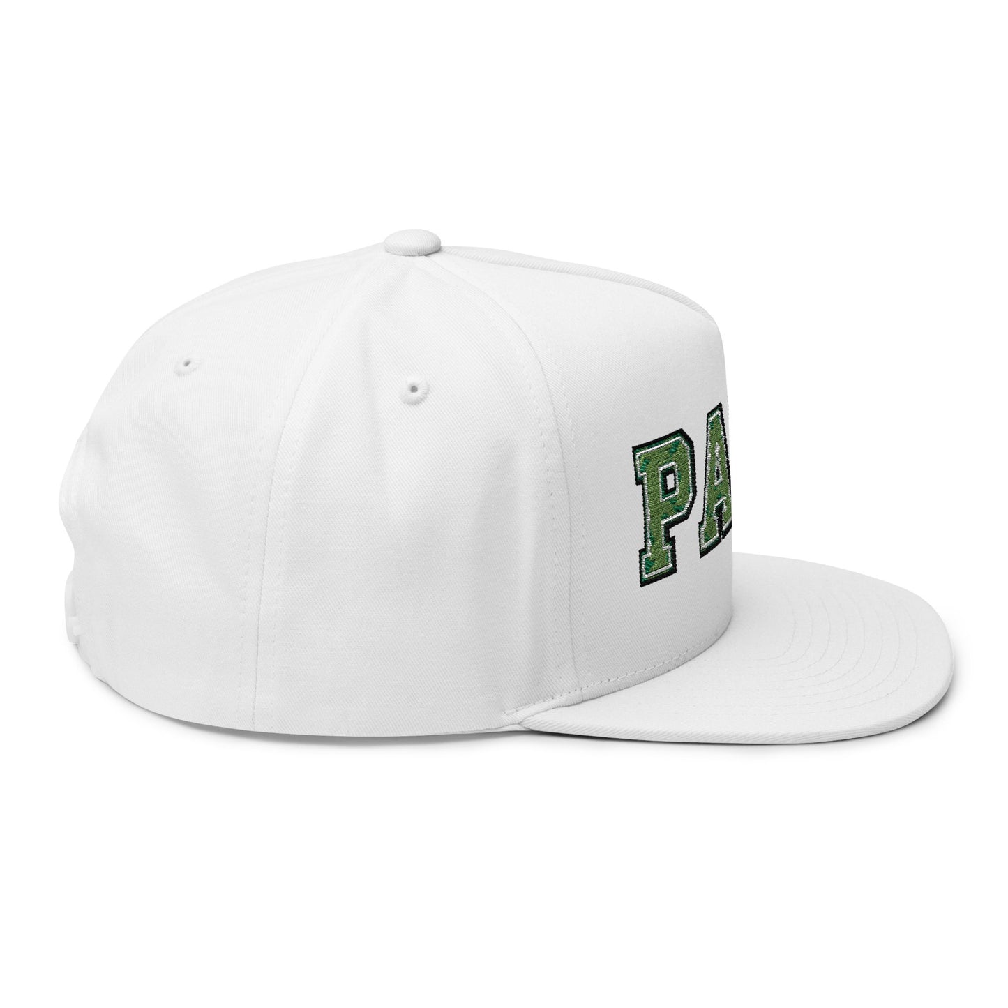Park Cottage Grove embroidered flat bill cap featuring green embroidered details on a white background.
