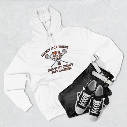 Farmington Tigers 2026 State Champs Boys Lacrosse Fleece Hoodie displayed with jeans and sneakers.